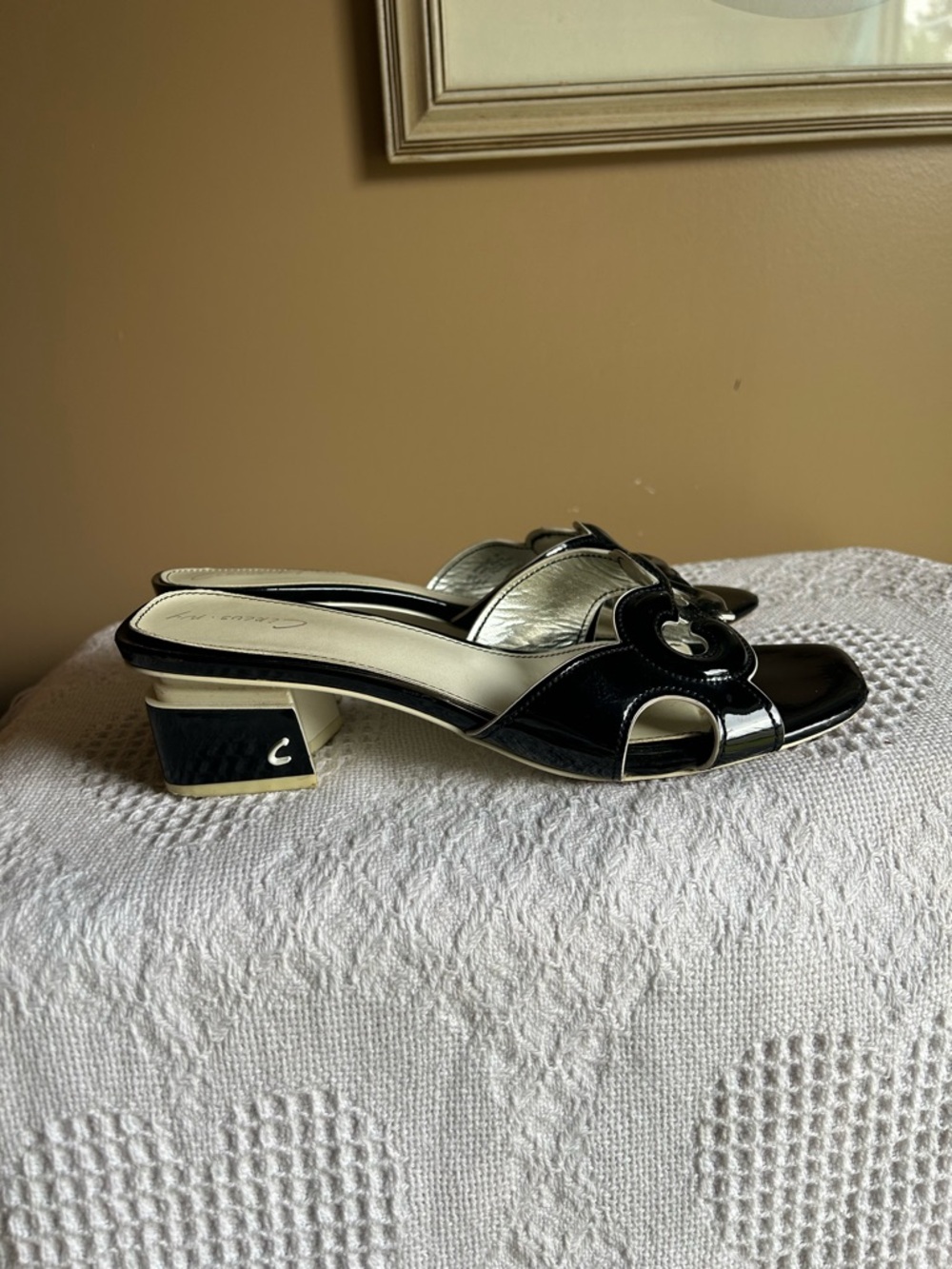 Black Patent Slide Mules with Ivory Accent Heel - Picture 3 of 11
